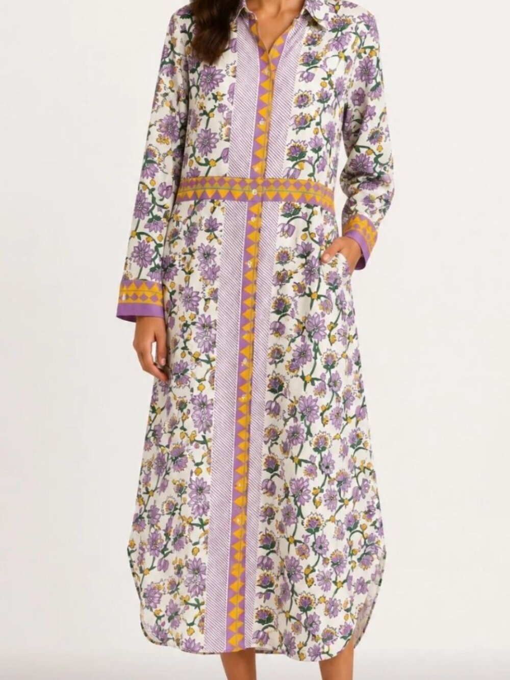 NEW! Calypso St. Barth🌺 Floral Button-Front Border Print Maxi Shirt Dress